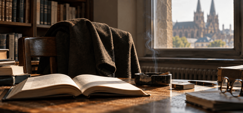 Symbolische Illustration eines Arbeitszimmers mit Büchern, Lodenmantel und rauchender Zigarette – Erinnerung an Gespräche über Freiheit und Paternalismus.
