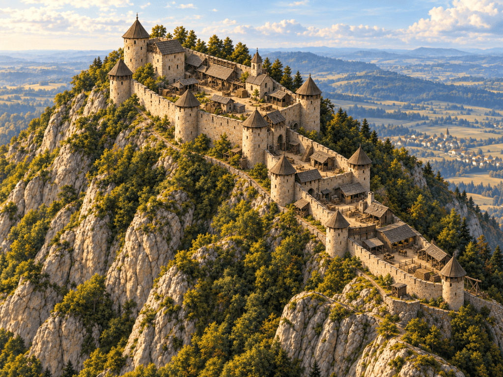 Historically informed reconstruction of the first Hohenzollern Castle before 1423, with living quarters, outbuildings, towers and fortifications on the Zollern mountain
