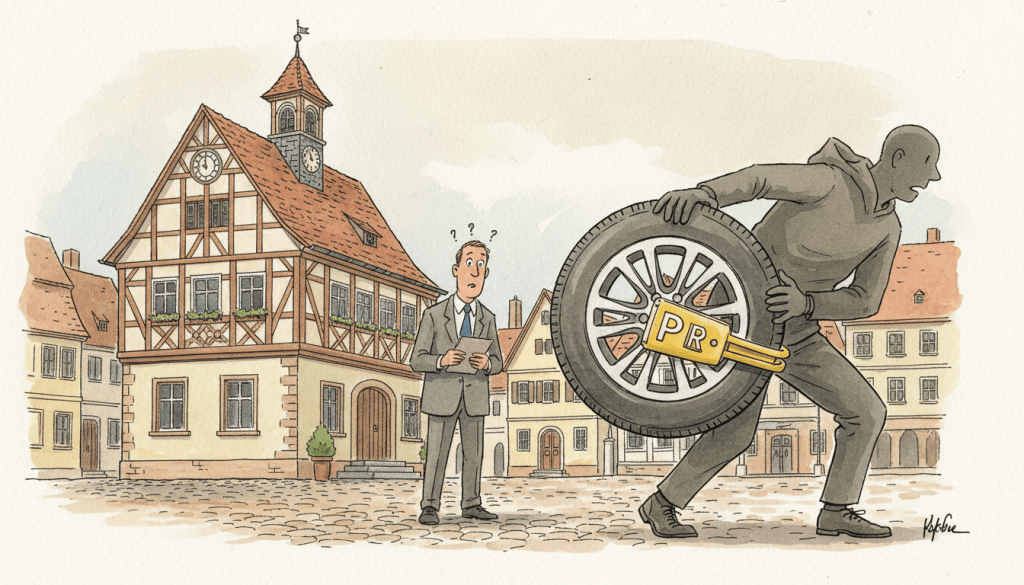 Humorvolle Illustration eines abmontierten Autorads mit Parkkralle vor einem Rathaus.
