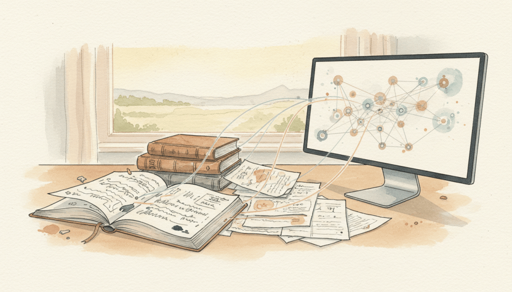 Illustration eines Schreibtischs mit Büchern, handschriftlichen Notizen und digital vernetzten Informationen als Sinnbild der Zusammenarbeit von Mensch und KI.